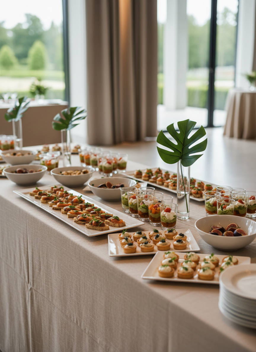 An elegant buffet table carefully arranged with an array of refined hors d’oeuvres: glossy porcelain platters displaying perfectly aligned canapés, jewel-toned verrines, and miniature tartlets with precise garnishes. The table is draped in a crisp, ivory linen with a subtle texture, accented by minimalist glass vases holding simple green foliage. The scene is set in a spacious, contemporary event hall with a neutral palette and clean architectural lines. Soft, diffused natural daylight enters from large unseen windows, creating gentle highlights on the glassware and silver serving pieces. Photographic realism with a clean, modern aesthetic, captured at eye level with a shallow depth of field, keeps the foreground in sharp focus while the background melts into a sophisticated, understated blur, conveying luxury and discretion.